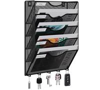 EasyPAG 5 Compartiments Métal Porte Revue Mural Porte Document Suspendu A4 Organisateur de Bureau à Suspendre Banette de Rangement Range Papier Corbeille a Courrier Murale avec 5 Crochets,Noir