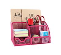 EasyPAG 7 Compartiments Métal Organisateur de Bureau Range Bureau Rangement Bureau Pot à Crayon Porte Stylo avec Tiroir,Rose