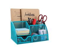 EasyPAG 7 Compartiments Métal Organisateur de Bureau Range Bureau Rangement Bureau Pot à Crayon Porte Stylo avec Tiroir,Turquoise