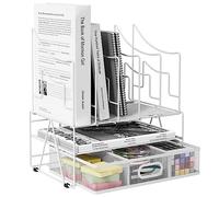 EasyPAG 7 Compartiments Métal Porte Revue Vertical Corbeilles à Courrier A4 Banette de Rangement Bureau Organisateur de Magazine Range Document Bannette Papier avec Tiroir,Blanc