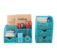 EasyPAG Ensemble de 2 organiseurs de bureau en maille - Support polyvalent pour papeterie de bureau et 3 petits tiroirs de rangement, turquoise