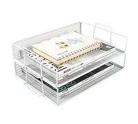 EasyPAG Lot de 2 Métal Paysage Empilable Corbeilles à Courrier A4 Banette de Rangement Bureau Porte Revue Organisateur de Magazine Bannette Papier Range Document,Blanc