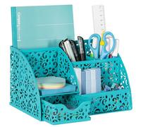 Easypag sculpté creux Motif fleur Bureau Fournitures Caddy 5 compartiments de rangement et 1 tiroir Snow Shaped Pattern bleu sarcelle foncé