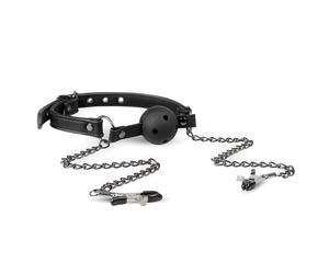 Easytoys Fetish - Bâillon à boule ouvert avec pinces à tétons