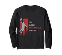 Eat. Sleep.Basketball. Repeat. Joueur sautant Haut avec Drapeau Manche Longue