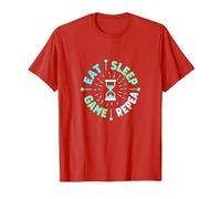 Eat Sleep Game Repeat Gamer Sablier T-Shirt, Homme, Rouge, 3XL