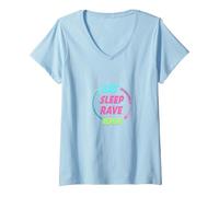 Eat Sleep Rave Repeat Neon Party Lifestyle T-Shirt avec Col en V, Femme, Bleu Céleste, XXL