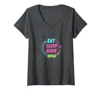 Eat Sleep Rave Repeat Neon Party Lifestyle T-Shirt avec Col en V, Femme, Chiné Foncé, S