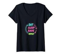 Eat Sleep Rave Repeat Neon Party Lifestyle T-Shirt avec Col en V, Femme, Noir, XL