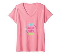 Eat Sleep Rave Repeat Neon Party Lifestyle T-Shirt avec Col en V, Femme, Rose, S