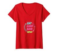 Eat Sleep Rave Repeat Neon Party Lifestyle T-Shirt avec Col en V, Femme, Rouge, L