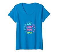 Eat Sleep Rave Repeat Neon Party Lifestyle T-Shirt avec Col en V, Femme, Saphir, XXL