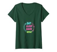 Eat Sleep Rave Repeat Neon Party Lifestyle T-Shirt avec Col en V, Femme, Vert Forêt, S