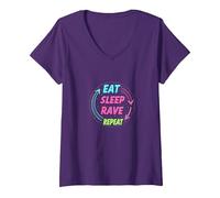 Eat Sleep Rave Repeat Neon Party Lifestyle T-Shirt avec Col en V, Femme, Violet, M