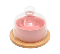 EATAKWARD Mini présentoir à gâteaux en bois d'acacia avec couvercle en verre rose - Base plate et ronde élégante