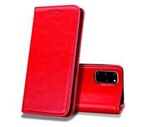EATCYE Coque pour Samsung Galaxy S20 Plus [Ultra Mince] Premium Étui [en Cuir Véritable] Cuir Housse à Rabat Portefeuille Poids-Plume [Caché Fermoir Magnétique] - Rouge
