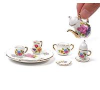 EatingBiting Collection Level 1:12 Échelle 1/12 8 pièces Mini maison miniature élégante Flora Mini plat à thé, théière, tasse, assiette, ensemble de bricolage, accessoires de meubles de maison