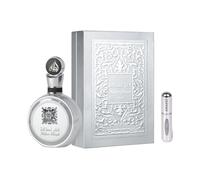 Eau de Parfum Fakhar Platin 100 ml, Parfum Arabe Unisexe de Longue Durée, Inclut Vaporisateur Rechargeable 5 ml, Parfum Unisexe Épicé, Fruité et Boisé avec Bergamote et Gingembre (Platin)