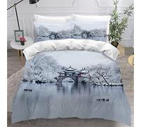 OENISE Eau du Lac Housse de Couette 220x240 Adulte Enfant Style Chinois 3D Parure de Lit 2 Personnes en Microfibre Linge de Lit 3 Pièces avec Fermeture Éclai et 2 Taie d'oreiller 50x75
