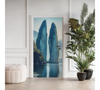 Eau Montagne Chinoise Effet 3D Sticker Porte, Classique Traditionnel Papier Autocollant Porte Mural Décoration, Paysage Zen Naturel Stickers Muraux Amovible PVC 77x200 cm 6tYT73