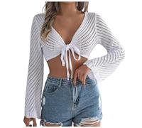 Eauptffy Boléro élégant pour femme - Cardigan court sexy - Cardigan à manches longues - Cardigan d'été léger et fin - Col en V - Crochet - Crop Top Cover Up - Veste boléro festive à lacets, O blanc