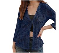 Eauptffy Cardigan en dentelle pour femme avec manches 3/4 - Veste légère ouverte sur le devant en dentelle florale - Boléro élégant - Haut uni pour les occasions festives et le quotidien, O bleu