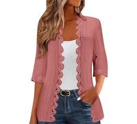 Eauptffy Cardigan léger pour femme - Manches 3/4 - Élégant - Couleur unie - Manteau en tricot fin - Ouvert à l'avant - Décontracté - Confortable - Veste d'automne - Veste de mi-saison, P Rouge