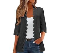 Eauptffy Cardigan léger pour femme - Manches 3/4 - Élégant - Couleur unie - Manteau en tricot fin - Ouvert à l'avant - Décontracté - Confortable - Veste d'automne - Veste de mi-saison, O Noir., XL
