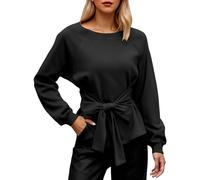 Eauptffy Chemise de tous les jours pour femme Automne Hiver Décontracté Manches longues Couleur unie Col rond Haut confortable Matière douce Décontractée Chaud Tricot élégant décontracté Sportif