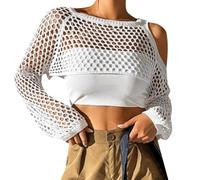 Eauptffy Crop Top Femme Débardeur Transparent en Maille à Crochet Y2K Découpé Crop Top à Manches Longues Tricoté Pull pour Plage Débardeur d'été Protection Solaire Pullover, O blanc., taille unique