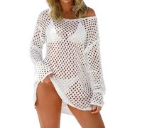 Eauptffy Crop Top Femme Transparent Filet de Pêche Haut Maille Crochet Pull Tricoté Couleur Unie Manches Longues Cover Up Plage Robe de Bain Mesh Haut Femmes Mesh Courte Robe d'été, O blanc., XL