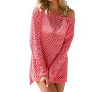Eauptffy Crop Top Femme Transparent Filet de Pêche Haut Maille Crochet Pull Tricoté Couleur Unie Manches Longues Cover Up Plage Robe de Bain Mesh Haut Femmes Mesh Courte Robe d'été, O Rose chaud, S
