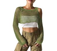 Eauptffy Crop Top Y2K Haut transparent en résille pour femme - Crochet Y2K Hollow Out Crop Top - Manches longues - Tricot - Pour la plage - Protection solaire, O Armée Vert, taille unique