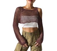 Eauptffy Crop Top Y2K Haut transparent en résille pour femme - Crochet Y2K Hollow Out Crop Top - Manches longues - Tricot - Pour la plage - Protection solaire, O Café., taille unique