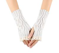Eauptffy Gants en laine de dentelle avec trous de conception de feuilles manteaux de poignet tricotés chauds sans doigts adaptés pour l'hiver, O blanc., taille unique