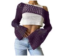 Eauptffy Haut crocheté pour femme One-Shoulder avec découpe - Pullover Cover Up en tricot - Manches longues - Pull à col rond - 90s - Streetwear - Gothique - Punk - Tricoté - Y2K - Découpé - Crop Top