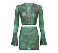Eauptffy Nouveau Mode Jupes Femme 2 Pieces Femmes Été Loisirs Sexy Impression Dentelle Creuse Conception sur La Poitrine avec Bord À Volants À Manches Longues Jupe Courte Haut Ensemble Costume Japon