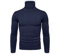 Eauptffy Pull à col roulé pour homme - Col roulé - Manches longues - Tricot fin - Élastique - Couleur unie - Automne - Hiver - Sous-vêtement - Manches longues - Col roulé, O bleu marine, M