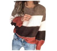 Eauptffy Pull en tricot pour femme Automne Hiver Rayé Manches longues Col rond Chaud Rayures, O Orange, L