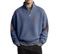 Eauptffy Pull pour homme avec fermeture éclair 1/4 - Pull en tricot gaufré avec poche de poitrine - Sweat-shirt à col roulé - Manches longues - Col roulé - Pull ample - Sport décontracté, O bleu