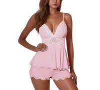 Eauptffy Pyjama court pour femme - Dentelle - Camisole - Sexy - Lingerie de nuit - Lingerie d'été - Deux pièces - Haut de pyjama - Short fin - Combinaison d'intérieur douce, O rose., S