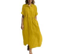 Eauptffy Robe de plage élégante pour femme - Couleur unie - Col en V - Demi-manches - Chemisier en mousseline - Robe tunique décontractée - Mode d'été - Mini robe légère et aérée - En lin - Respirant