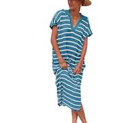 Eauptffy Robe pull élégante et sexy pour femme - Manches courtes - Rayée - Col en V - Légère - Coupe ample - Col à revers - Respirant - Robe décontractée, O Bleu 2, M