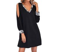 Eauptffy Robe Vintage Femme Années 50s Mini Couture Maillage du Corps Femmes Noires Glamour Long Maille Mince V-Cou Robe Brillante Robe à Manche Robe de Femme 2023 Casual Habillée Robes (Black, L)
