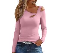 Eauptffy Sous-vêtement pour femme Automne Hiver German Polaire Bas Coupe ajustée Chaud Haut moulant Manches Longues Épaules Ouvertes Sweat-shirt, O rose., L