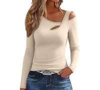 Eauptffy Sous-vêtement pour femme Automne Hiver German Polaire Bas Coupe ajustée Chaud Haut moulant Manches Longues Épaules Ouvertes Sweat-shirt, O beige., L