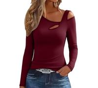 Eauptffy Sous-vêtement pour femme Automne Hiver German Polaire Bas Coupe ajustée Chaud Haut moulant Manches Longues Épaules Ouvertes Sweat-shirt, O vin, L