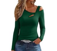 Eauptffy Sous-vêtement pour femme Automne Hiver German Polaire Bas Coupe ajustée Chaud Haut moulant Manches Longues Épaules Ouvertes Sweat-shirt, O Vert., L