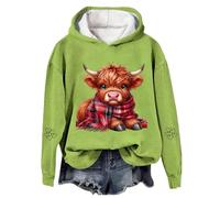 Eauptffy Sweat à capuche pour femme - Motif vache des Highlands - Col rond - Kawaii - Lettres imprimées - Pull à manches longues - Rembourré - Chaud - Pull d'hiver, O vert clair, L