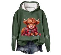 Eauptffy Sweat à capuche pour femme - Motif vache des Highlands - Col rond - Kawaii - Lettres imprimées - Pull à manches longues - Rembourré - Chaud - Pull d'hiver, O Vert., M